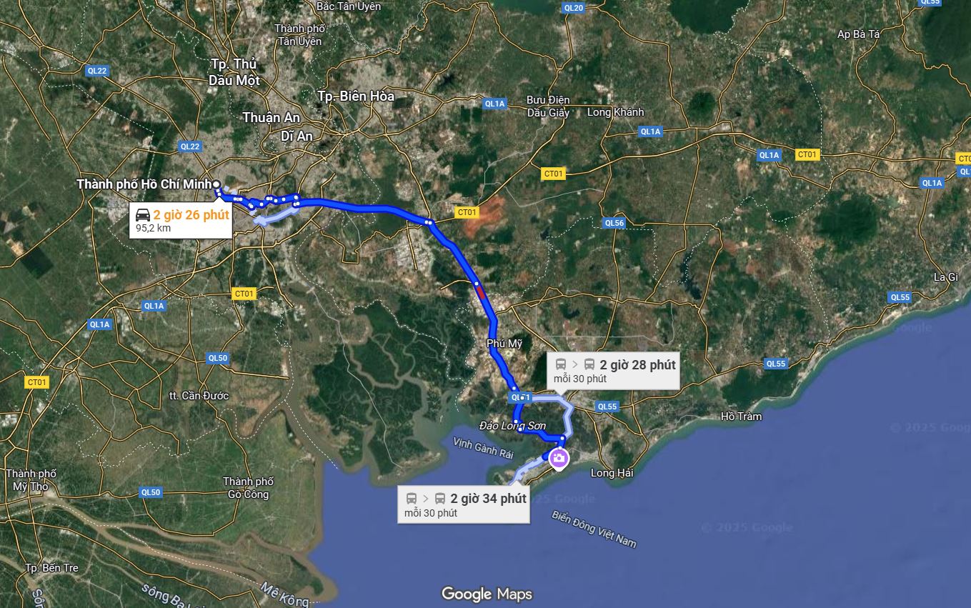 Bản đồ chỉ dẫn từ Thuê Xe Bảo Mai đến một điểm trung tâm tại Vũng Tàu. Lưu ý: Thời gian và quãng đường có thể thay đổi tùy điểm xuất phát và tình hình giao thông thực tế.